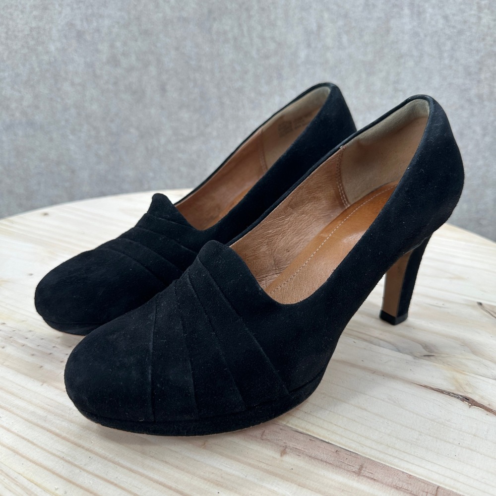Clarks Delsie Joy Black Suede Pleated Platform Pumps Heels Womens 8.5 Round Toe